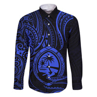 Polynesian Guam Coat of Arms Family Matching Long Sleeve Bodycon Dress and Hawaiian Shirt Polynesian Tribal Tattoo Blue Version