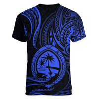 Polynesian Pride Guam Women V Neck T Shirt With Polynesian Tribal Tattoo and Coat of Arms Blue Version LT9 - Polynesian Pride