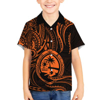 Polynesian Guam Coat of Arms Family Matching Off Shoulder Short Dress and Hawaiian Shirt Polynesian Tribal Tattoo Orange Version