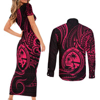 Polynesian Guam Coat of Arms Couples Matching Short Sleeve Bodycon Dress and Long Sleeve Button Shirt Polynesian Tribal Tattoo Pink Version