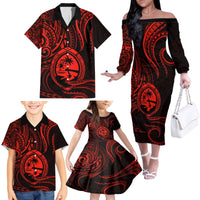 Polynesian Guam Coat of Arms Family Matching Off The Shoulder Long Sleeve Dress and Hawaiian Shirt Polynesian Tribal Tattoo Red Version