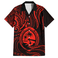 Polynesian Guam Coat of Arms Family Matching Off The Shoulder Long Sleeve Dress and Hawaiian Shirt Polynesian Tribal Tattoo Red Version