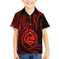 Polynesian Guam Coat of Arms Family Matching Off Shoulder Maxi Dress and Hawaiian Shirt Polynesian Tribal Tattoo Red Version