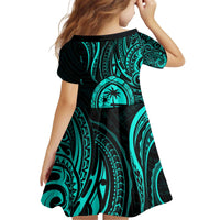Polynesian Guam Coat of Arms Family Matching Off Shoulder Short Dress and Hawaiian Shirt Polynesian Tribal Tattoo Turquoise Version
