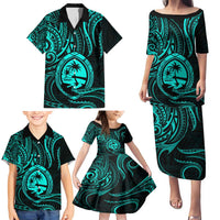 Polynesian Guam Coat of Arms Family Matching Puletasi and Hawaiian Shirt Polynesian Tribal Tattoo Turquoise Version LT9 - Polynesian Pride