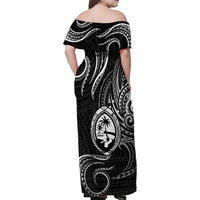 Polynesian Guam Coat of Arms Family Matching Off Shoulder Maxi Dress and Hawaiian Shirt Polynesian Tribal Tattoo Black Version