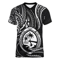 Polynesian Pride Guam Women V Neck T Shirt With Polynesian Tribal Tattoo and Coat of Arms Black Version LT9 - Polynesian Pride