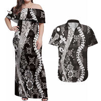 Hawaii Puakenikeni and Maile Lei Couples Matching Off Shoulder Maxi Dress and Hawaiian Shirt Black Japanese Wave Style - Polynesian Pride