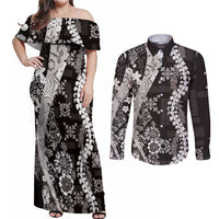 Hawaii Puakenikeni and Maile Lei Couples Matching Off Shoulder Maxi Dress and Long Sleeve Button Shirt Black Japanese Wave Style - Polynesian Pride