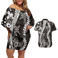 Hawaii Puakenikeni and Maile Lei Couples Matching Off Shoulder Short Dress and Hawaiian Shirt Black Japanese Wave Style - Polynesian Pride