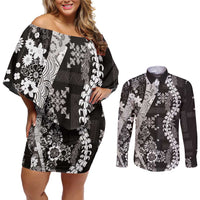 Hawaii Puakenikeni and Maile Lei Couples Matching Off Shoulder Short Dress and Long Sleeve Button Shirt Black Japanese Wave Style - Polynesian Pride