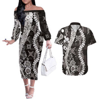 Hawaii Puakenikeni and Maile Lei Couples Matching Off The Shoulder Long Sleeve Dress and Hawaiian Shirt Black Japanese Wave Style - Polynesian Pride