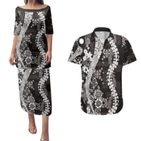Hawaii Puakenikeni and Maile Lei Couples Matching Puletasi and Hawaiian Shirt Black Japanese Wave Style - Polynesian Pride