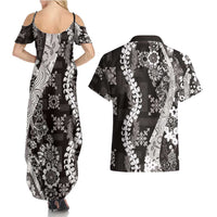 Hawaii Puakenikeni and Maile Lei Couples Matching Summer Maxi Dress and Hawaiian Shirt Black Japanese Wave Style - Polynesian Pride