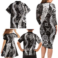 Hawaii Puakenikeni and Maile Lei Family Matching Long Sleeve Bodycon Dress and Hawaiian Shirt Black Japanese Wave Style - Polynesian Pride