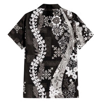 Hawaii Puakenikeni and Maile Lei Family Matching Off The Shoulder Long Sleeve Dress and Hawaiian Shirt Black Japanese Wave Style LT9 - Polynesian Pride