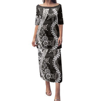 Hawaii Puakenikeni and Maile Lei Family Matching Puletasi and Hawaiian Shirt Black Japanese Wave Style LT9 Mom's Dress Black - Polynesian Pride