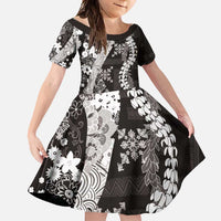 Hawaii Puakenikeni and Maile Lei Family Matching Short Sleeve Bodycon Dress and Hawaiian Shirt Black Japanese Wave Style LT9 Daughter's Dress Black - Polynesian Pride