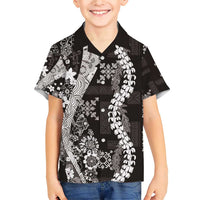 Hawaii Puakenikeni and Maile Lei Family Matching Short Sleeve Bodycon Dress and Hawaiian Shirt Black Japanese Wave Style LT9 Son's Shirt Black - Polynesian Pride
