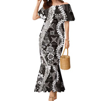 Hawaii Puakenikeni and Maile Lei Mermaid Dress Black Japanese Wave Style - Polynesian Pride