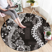 Hawaii Puakenikeni and Maile Lei Round Carpet Black Japanese Wave Style - Polynesian Pride