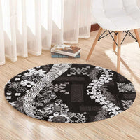 Hawaii Puakenikeni and Maile Lei Round Carpet Black Japanese Wave Style - Polynesian Pride