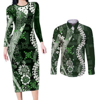 Hawaii Puakenikeni and Maile Lei Couples Matching Long Sleeve Bodycon Dress and Long Sleeve Button Shirt Green Japanese Wave Style - Polynesian Pride