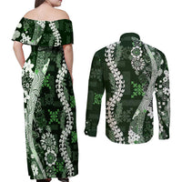 Hawaii Puakenikeni and Maile Lei Couples Matching Off Shoulder Maxi Dress and Long Sleeve Button Shirt Green Japanese Wave Style - Polynesian Pride
