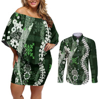 Hawaii Puakenikeni and Maile Lei Couples Matching Off Shoulder Short Dress and Long Sleeve Button Shirt Green Japanese Wave Style - Polynesian Pride