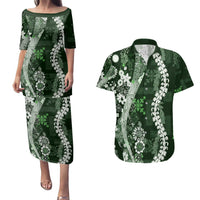 Hawaii Puakenikeni and Maile Lei Couples Matching Puletasi and Hawaiian Shirt Green Japanese Wave Style - Polynesian Pride