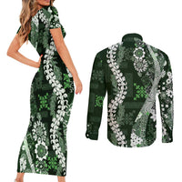 Hawaii Puakenikeni and Maile Lei Couples Matching Short Sleeve Bodycon Dress and Long Sleeve Button Shirt Green Japanese Wave Style LT9 - Polynesian Pride