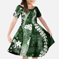 Hawaii Puakenikeni and Maile Lei Family Matching Mermaid Dress and Hawaiian Shirt Green Japanese Wave Style LT9 Daughter's Dress Green - Polynesian Pride