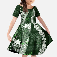 Hawaii Puakenikeni and Maile Lei Family Matching Off Shoulder Maxi Dress and Hawaiian Shirt Green Japanese Wave Style - Polynesian Pride