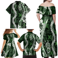 Hawaii Puakenikeni and Maile Lei Family Matching Off Shoulder Maxi Dress and Hawaiian Shirt Green Japanese Wave Style - Polynesian Pride