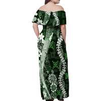 Hawaii Puakenikeni and Maile Lei Family Matching Off Shoulder Maxi Dress and Hawaiian Shirt Green Japanese Wave Style - Polynesian Pride