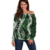 Hawaii Puakenikeni and Maile Lei Off Shoulder Sweater Green Japanese Wave Style - Polynesian Pride