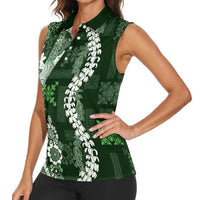 Hawaii Puakenikeni and Maile Lei Women Sleeveless Polo Shirt Green Japanese Wave Style - Polynesian Pride