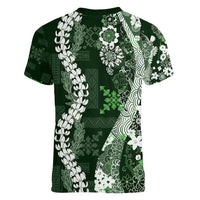 Hawaii Puakenikeni and Maile Lei Women V-Neck T-Shirt Green Japanese Wave Style - Polynesian Pride
