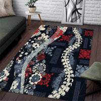 Hawaii Puakenikeni and Maile Lei Area Rug Navy Blue Japanese Wave Style - Polynesian Pride
