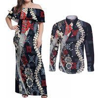 Hawaii Puakenikeni and Maile Lei Couples Matching Off Shoulder Maxi Dress and Long Sleeve Button Shirt Navy Blue Japanese Wave Style - Polynesian Pride