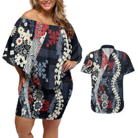 Hawaii Puakenikeni and Maile Lei Couples Matching Off Shoulder Short Dress and Hawaiian Shirt Navy Blue Japanese Wave Style - Polynesian Pride