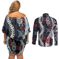 Hawaii Puakenikeni and Maile Lei Couples Matching Off Shoulder Short Dress and Long Sleeve Button Shirt Navy Blue Japanese Wave Style - Polynesian Pride