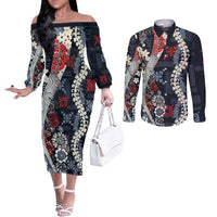 Hawaii Puakenikeni and Maile Lei Couples Matching Off The Shoulder Long Sleeve Dress and Long Sleeve Button Shirt Navy Blue Japanese Wave Style - Polynesian Pride