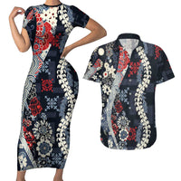 Hawaii Puakenikeni and Maile Lei Couples Matching Short Sleeve Bodycon Dress and Hawaiian Shirt Navy Blue Japanese Wave Style - Polynesian Pride