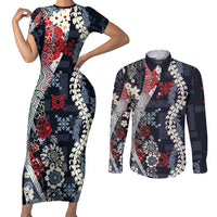 Hawaii Puakenikeni and Maile Lei Couples Matching Short Sleeve Bodycon Dress and Long Sleeve Button Shirt Navy Blue Japanese Wave Style - Polynesian Pride