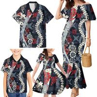Hawaii Puakenikeni and Maile Lei Family Matching Mermaid Dress and Hawaiian Shirt Navy Blue Japanese Wave Style - Polynesian Pride