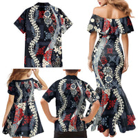 Hawaii Puakenikeni and Maile Lei Family Matching Mermaid Dress and Hawaiian Shirt Navy Blue Japanese Wave Style - Polynesian Pride