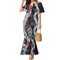 Hawaii Puakenikeni and Maile Lei Family Matching Mermaid Dress and Hawaiian Shirt Navy Blue Japanese Wave Style - Polynesian Pride