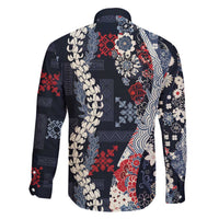 Hawaii Puakenikeni and Maile Lei Family Matching Off The Shoulder Long Sleeve Dress and Hawaiian Shirt Navy Blue Japanese Wave Style LT9 - Polynesian Pride