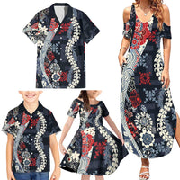 Hawaii Puakenikeni and Maile Lei Family Matching Summer Maxi Dress and Hawaiian Shirt Navy Blue Japanese Wave Style - Polynesian Pride